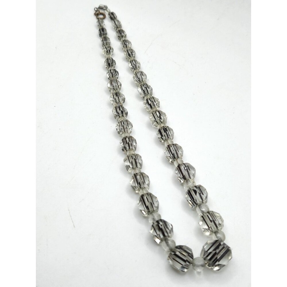 Antique Edwardian Black Stripe Crystal Necklace Faceted Beads c.1910s Czech